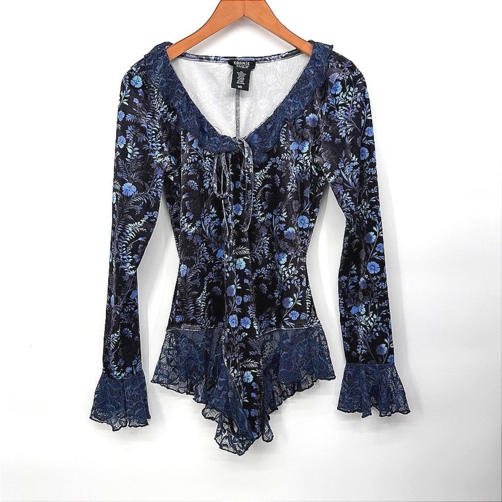 Cosmic Aura Bodysuit Floral Velvet Lace Trim Whimsigoth Romantic Size Medium